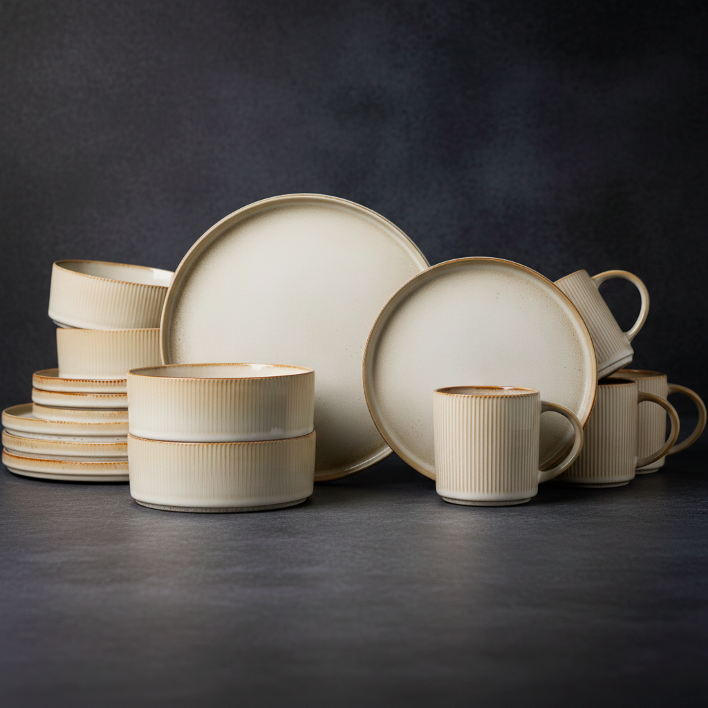 Artisan Hearth: Premium 2-Person Dinnerware Set | Hand-Finished Fluted Porcelain with Gold-Earth Rim