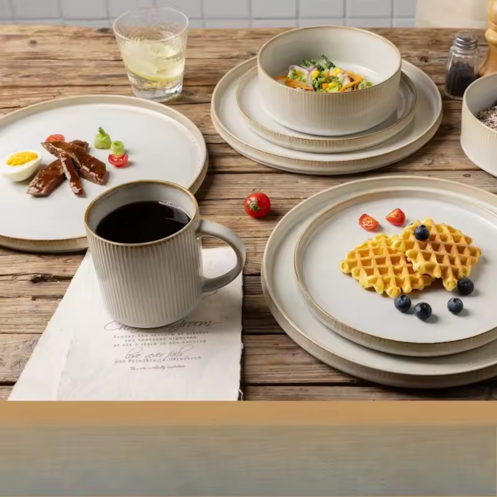 Artisan Hearth: Premium 2-Person Dinnerware Set | Hand-Finished Fluted Porcelain with Gold-Earth Rim
