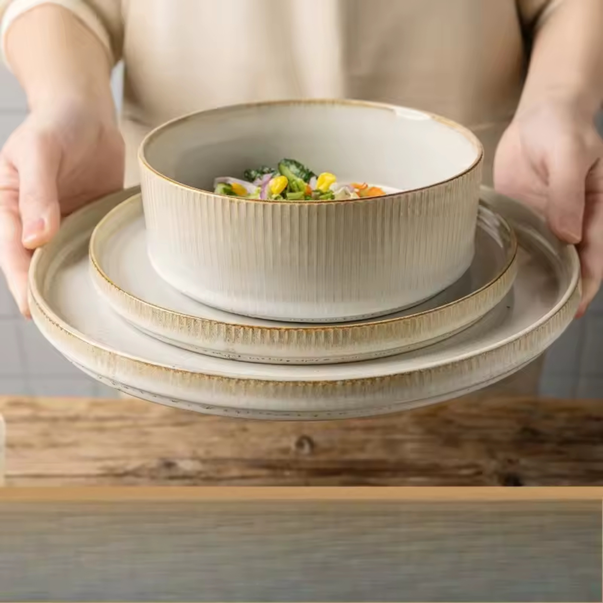 Artisan Hearth: Premium 2-Person Dinnerware Set | Hand-Finished Fluted Porcelain with Gold-Earth Rim