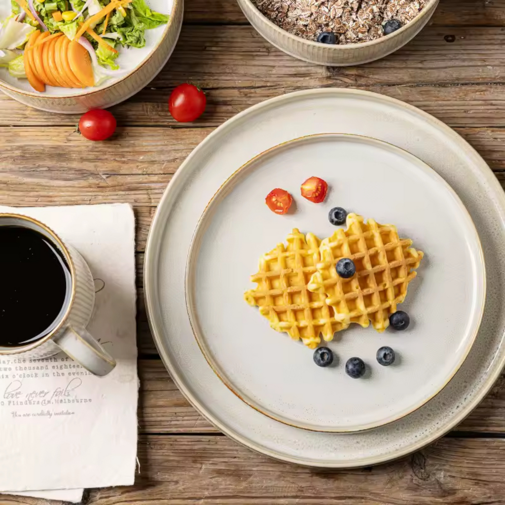 Artisan Hearth: Premium 2-Person Dinnerware Set | Hand-Finished Fluted Porcelain with Gold-Earth Rim