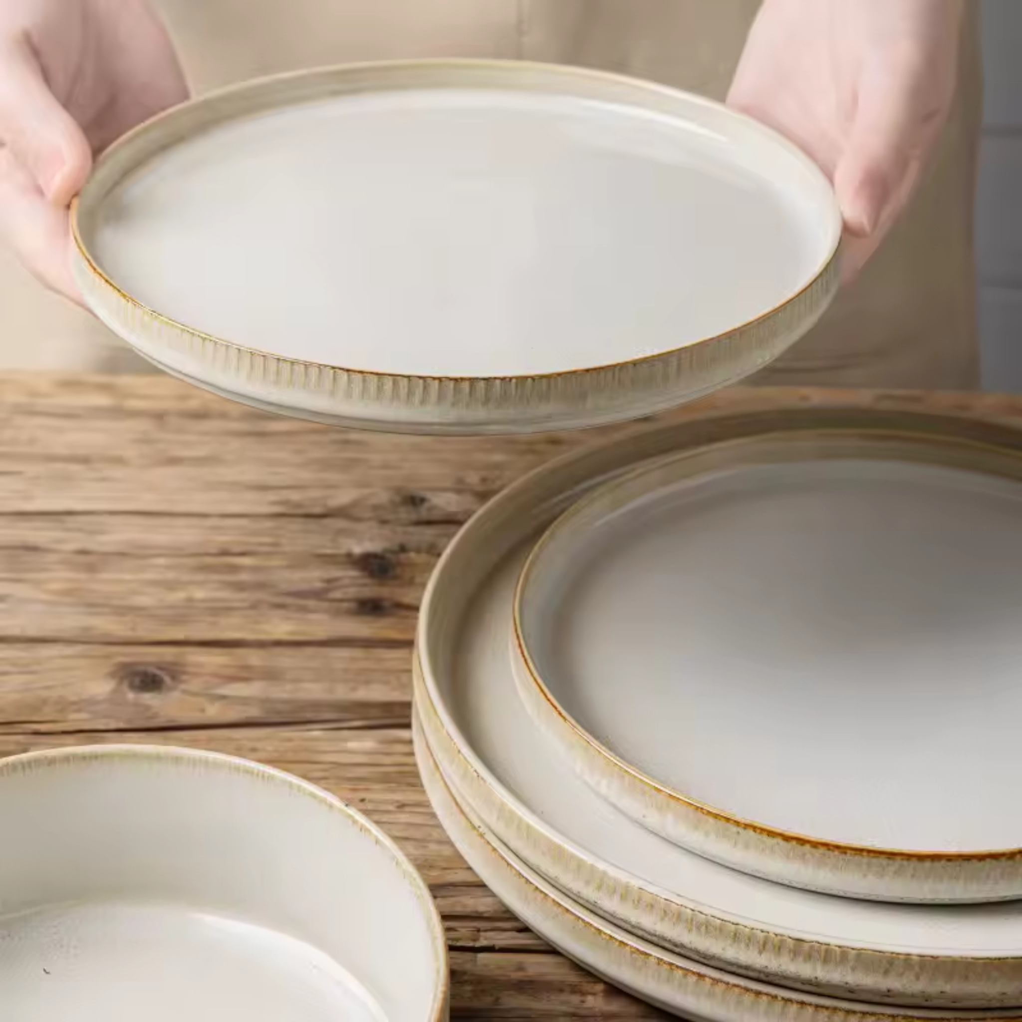 Artisan Hearth: Premium 2-Person Dinnerware Set | Hand-Finished Fluted Porcelain with Gold-Earth Rim