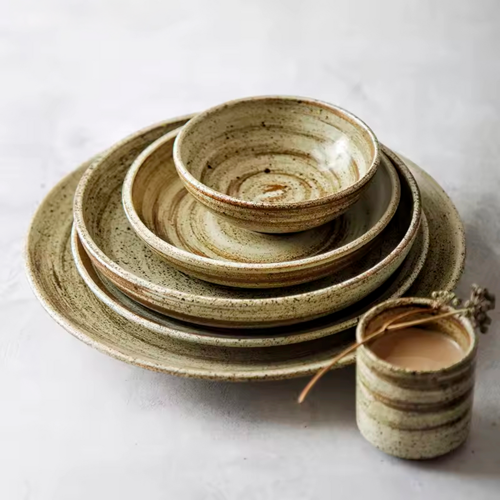 Artisan Terra: Premium Reactive Stoneware Dinnerware Set | Hand-Thrown Spiral Glaze Collection
