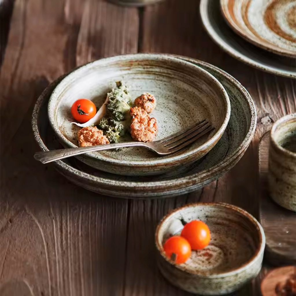 Artisan Terra: Premium Reactive Stoneware Dinnerware Set | Hand-Thrown Spiral Glaze Collection