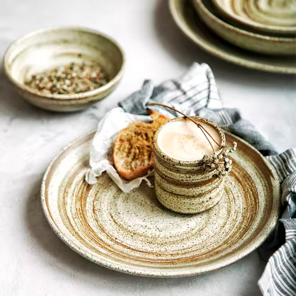 Artisan Terra: Premium Reactive Stoneware Dinnerware Set | Hand-Thrown Spiral Glaze Collection