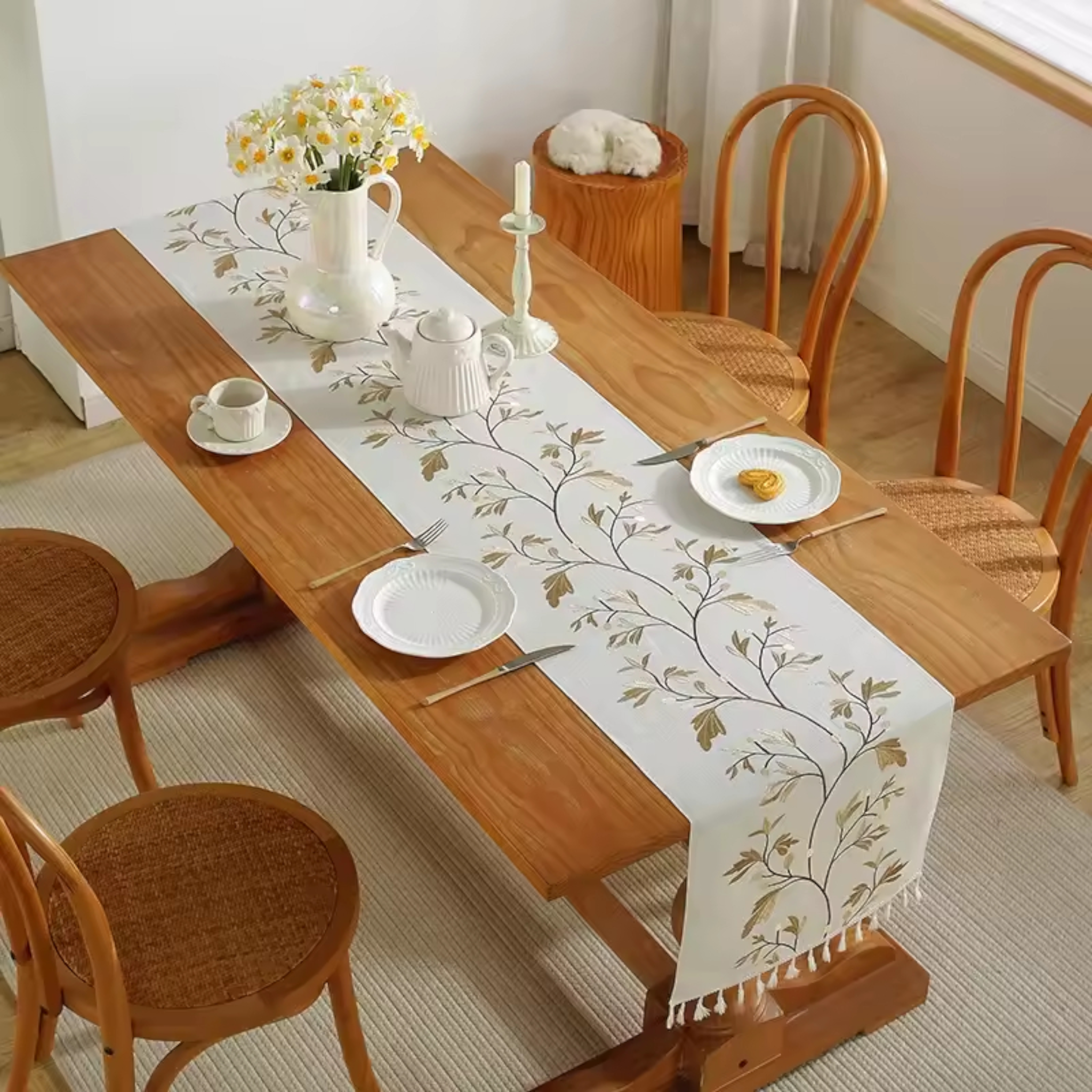 Artisan Vine: Premium Embroidered Table Runner | Elegant Floral Tassel Collection