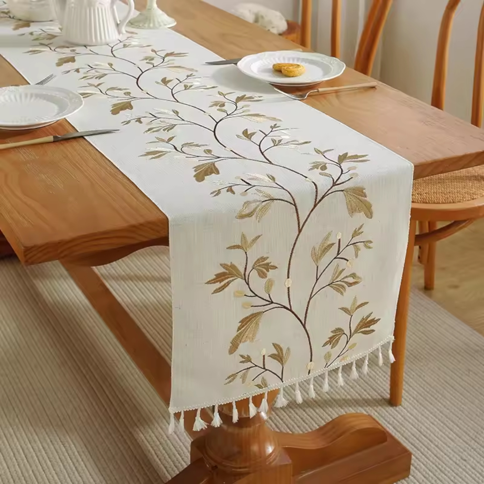 Artisan Vine: Premium Embroidered Table Runner | Elegant Floral Tassel Collection