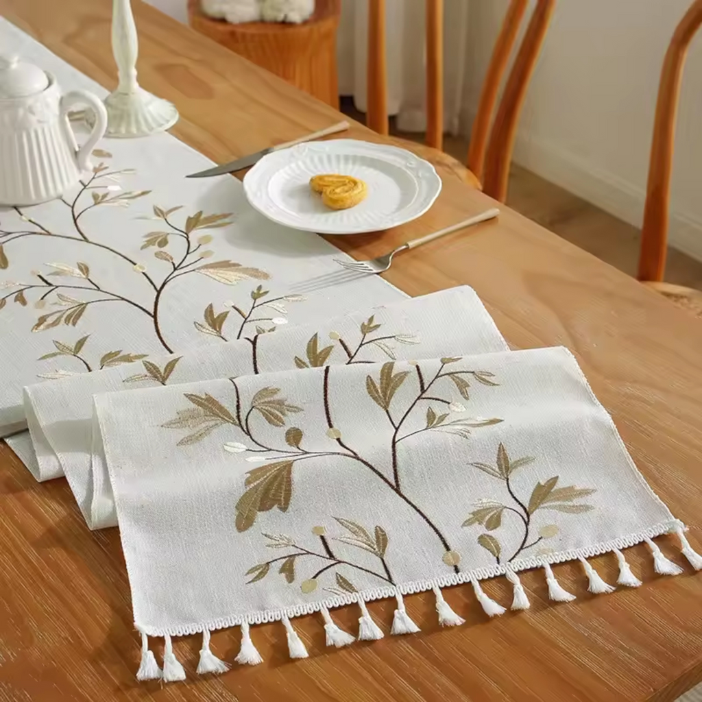 Artisan Vine: Premium Embroidered Table Runner | Elegant Floral Tassel Collection