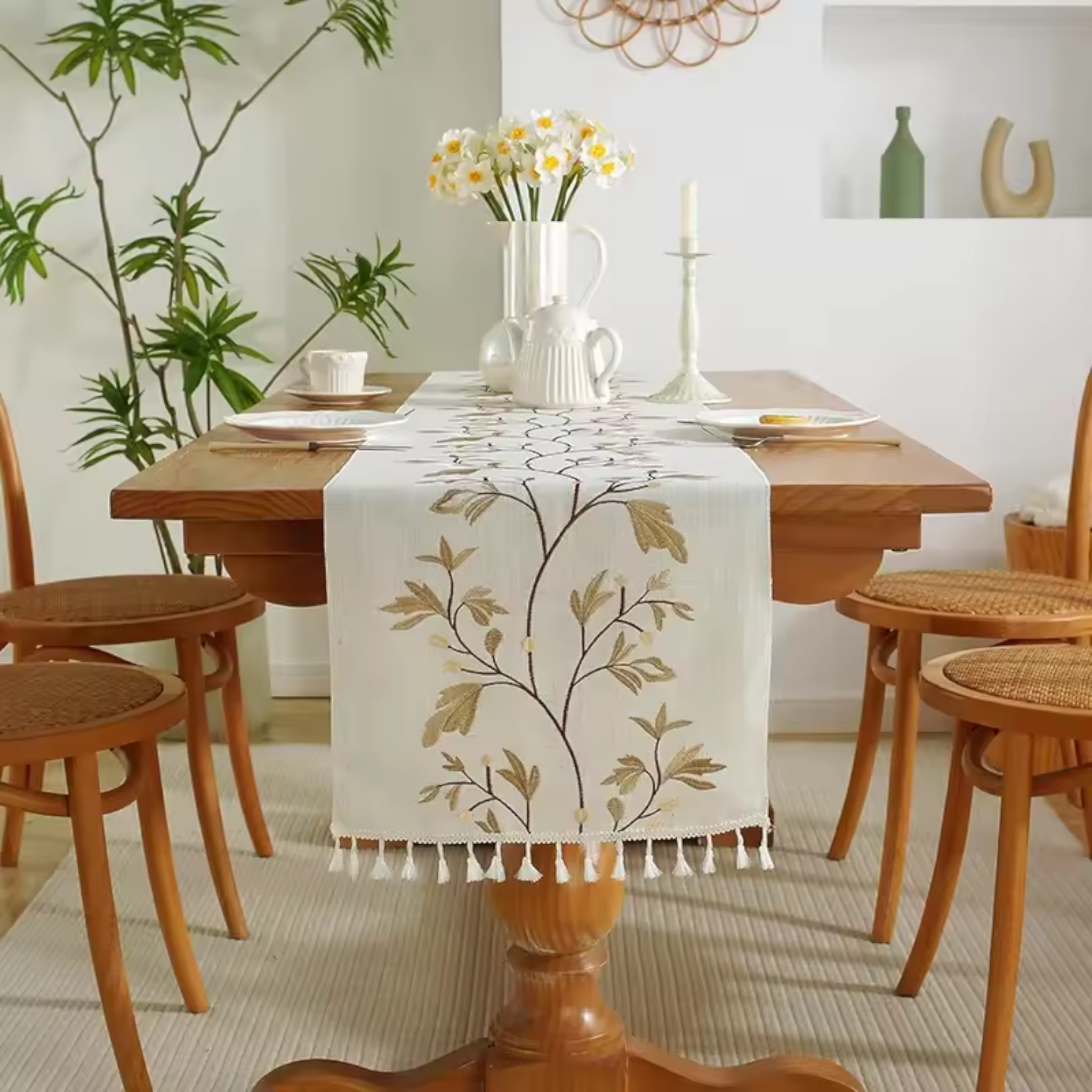 Artisan Vine: Premium Embroidered Table Runner | Elegant Floral Tassel Collection
