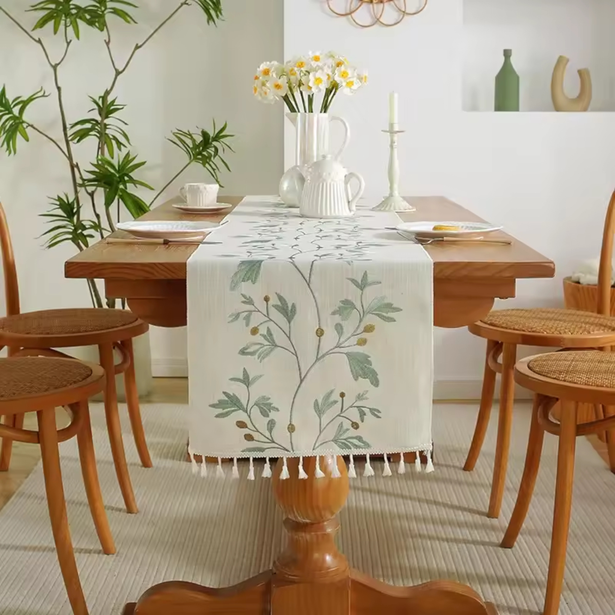 Artisan Vine: Premium Embroidered Table Runner | Elegant Floral Tassel Collection