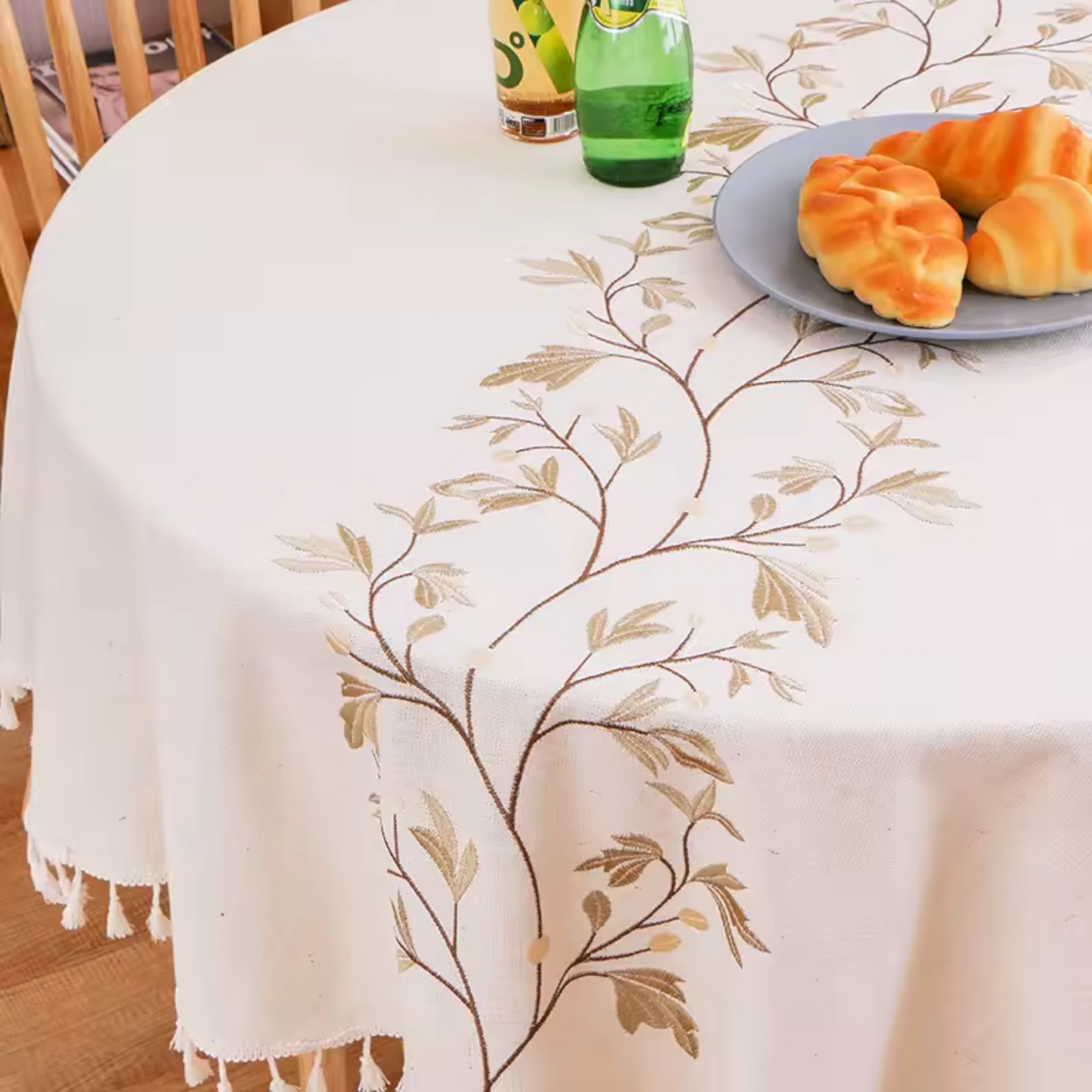 Artisan Botanical: Premium Round Embroidered Tablecloth | Elegant Tassel Edge Stoneware Companion