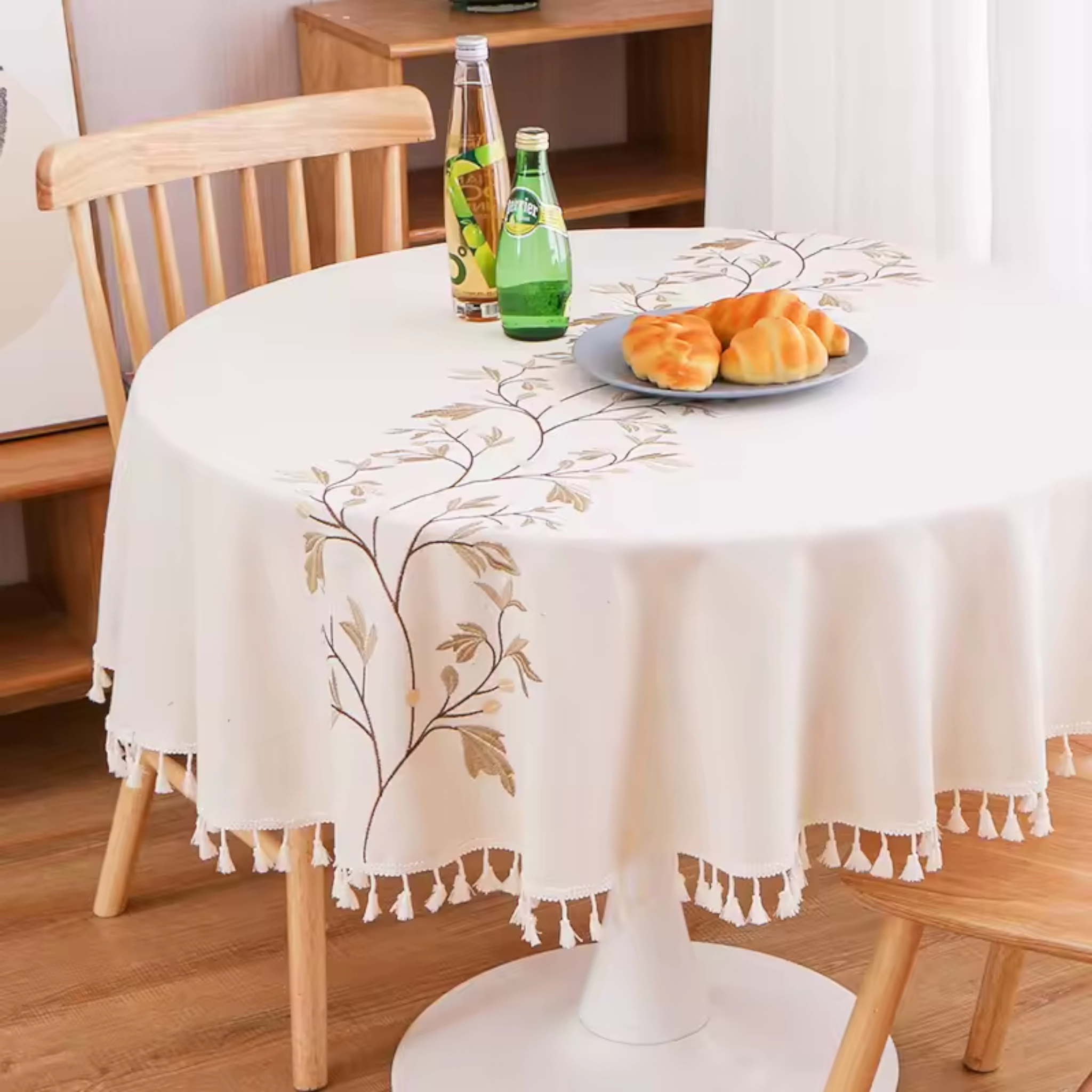 Artisan Botanical: Premium Round Embroidered Tablecloth | Elegant Tassel Edge Stoneware Companion