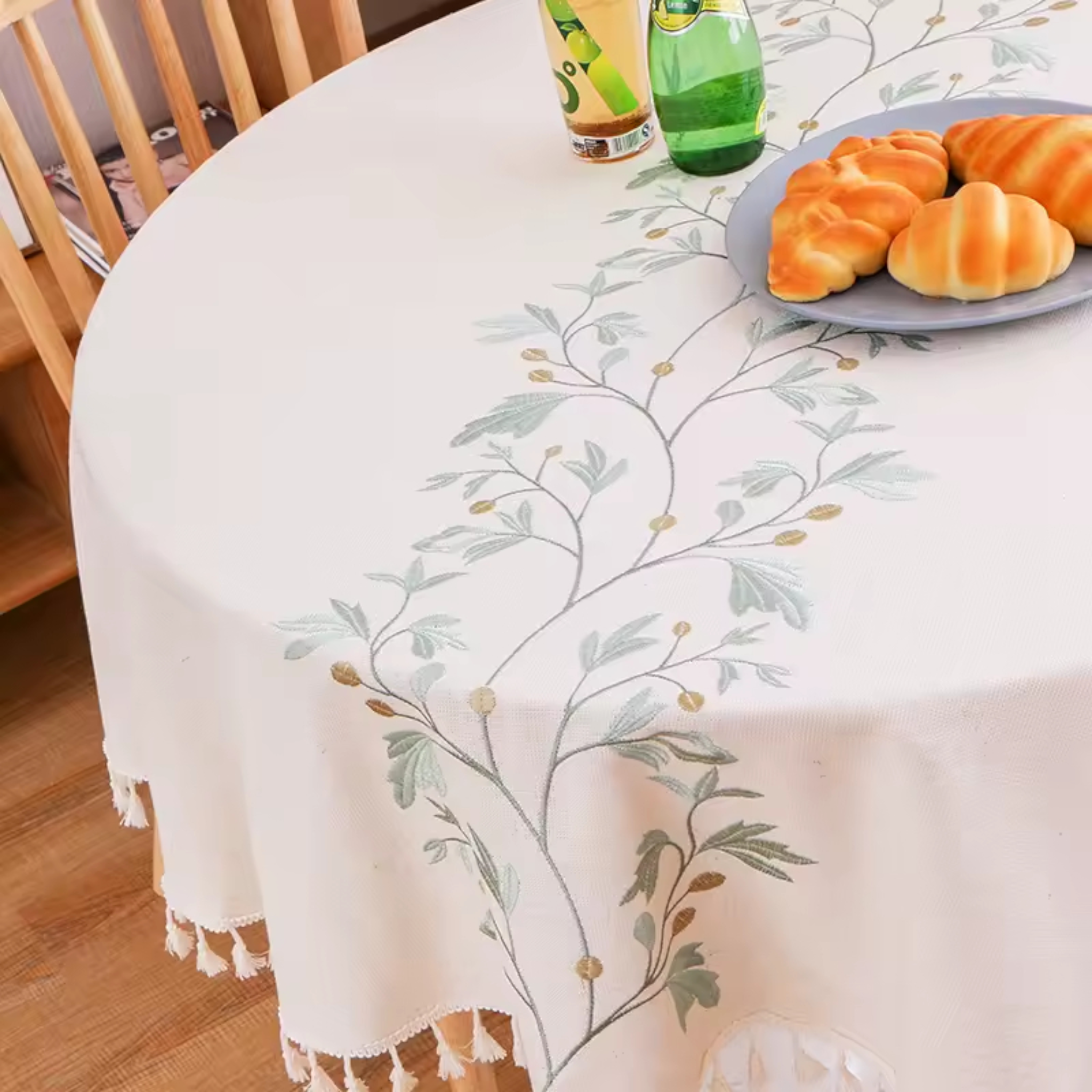 Artisan Botanical: Premium Round Embroidered Tablecloth | Elegant Tassel Edge Stoneware Companion