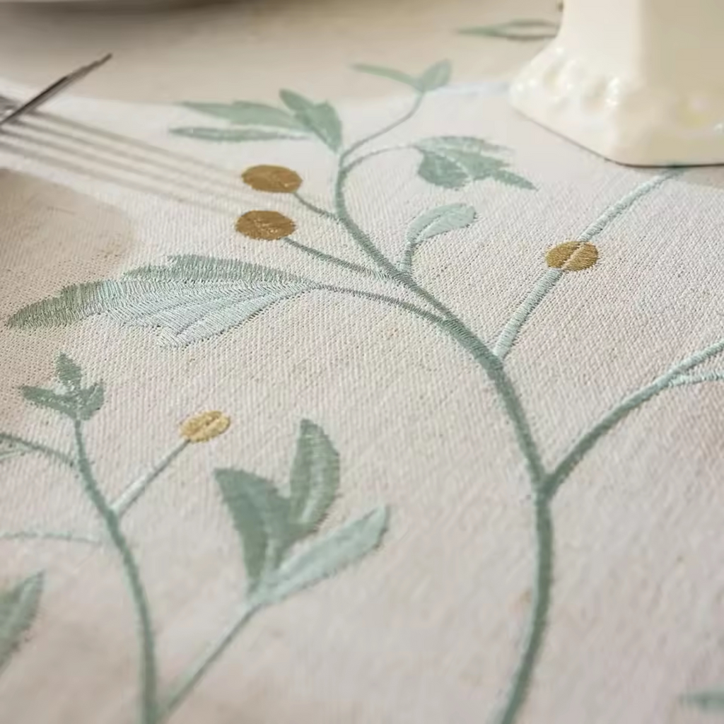 Artisan Botanical: Premium Round Embroidered Tablecloth | Elegant Tassel Edge Stoneware Companion