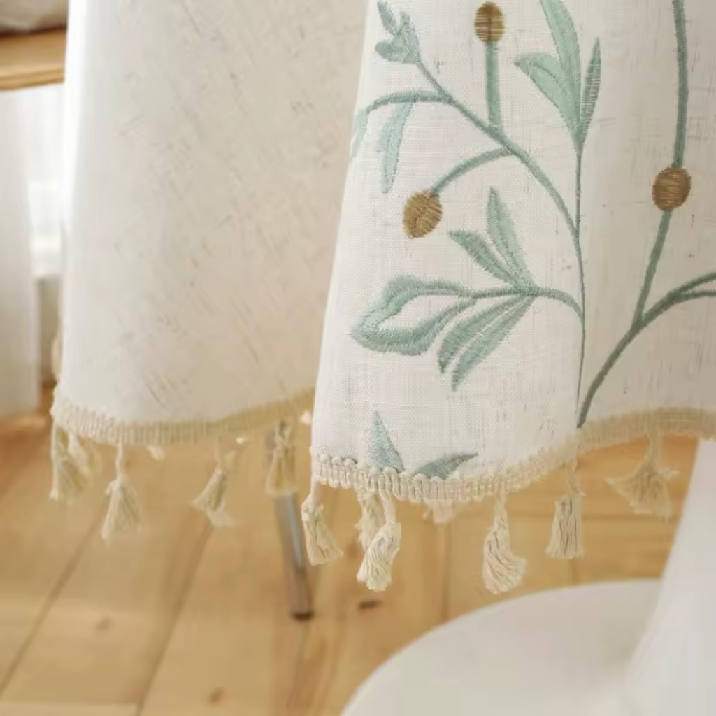 Artisan Botanical: Premium Round Embroidered Tablecloth | Elegant Tassel Edge Stoneware Companion