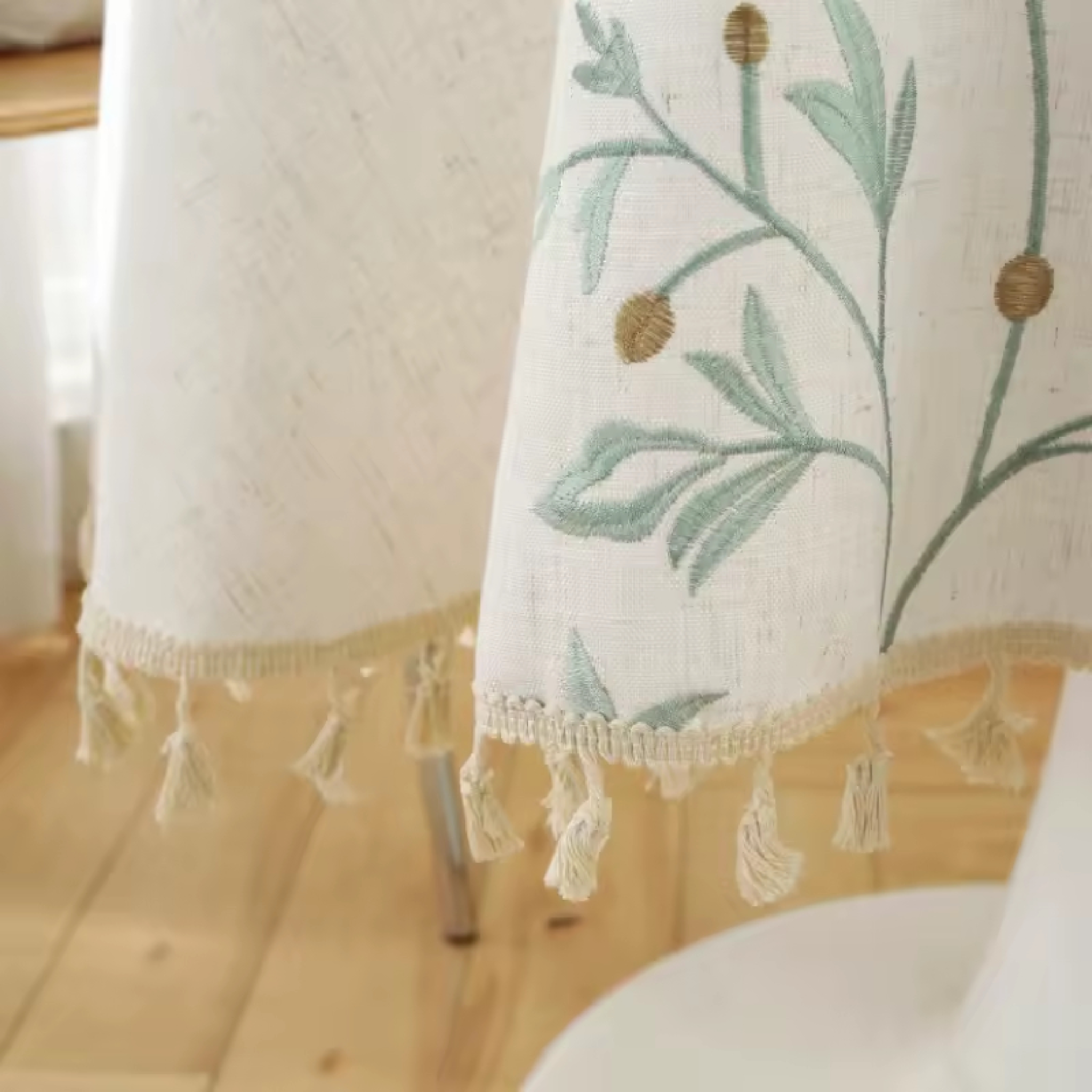 Artisan Botanical: Premium Round Embroidered Tablecloth | Elegant Tassel Edge Stoneware Companion