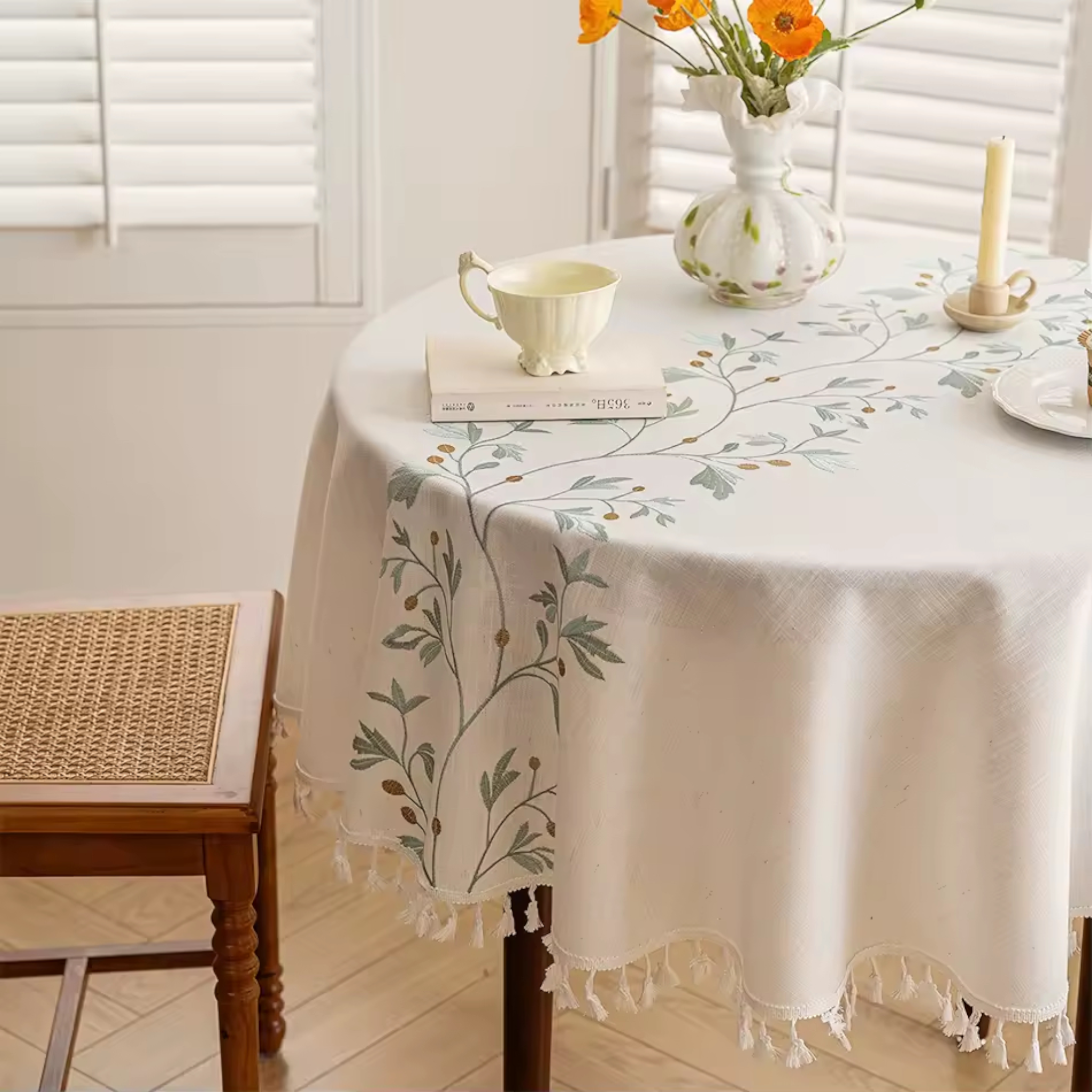 Artisan Botanical: Premium Round Embroidered Tablecloth | Elegant Tassel Edge Stoneware Companion