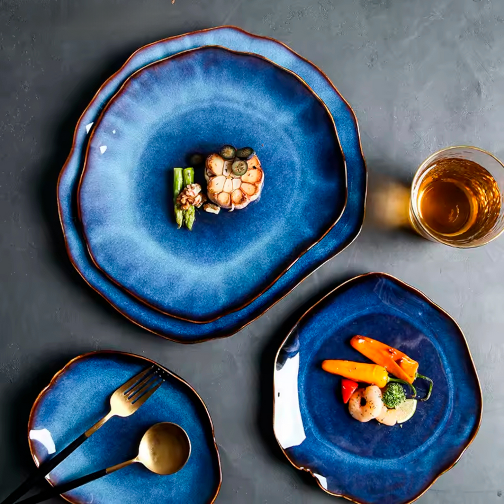 Artisan Azure: Organic Blue Handcrafted Ceramic Plate Set with Reactive Glaze