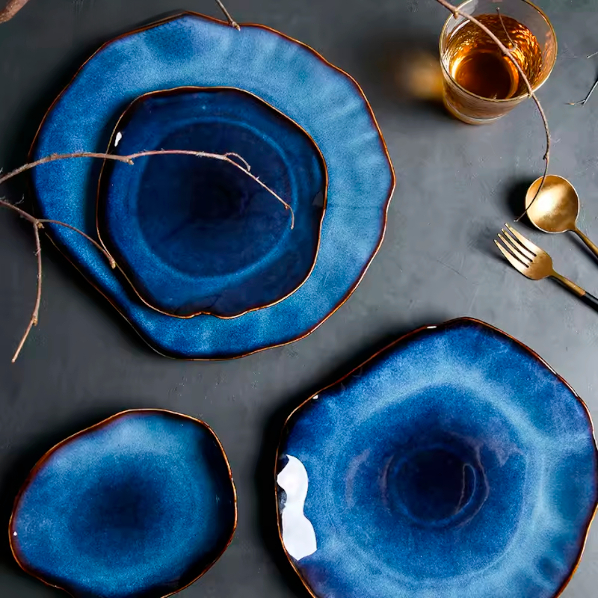 Artisan Azure: Organic Blue Handcrafted Ceramic Plate Set with Reactive Glaze