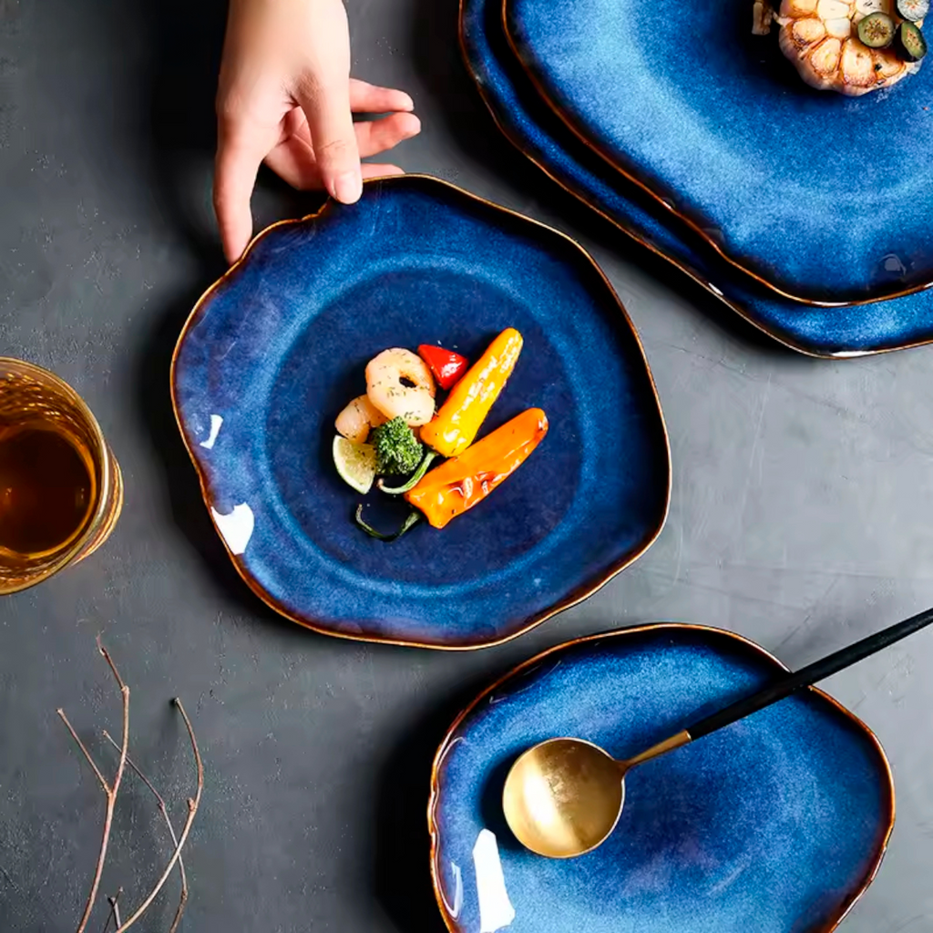 Artisan Azure: Organic Blue Handcrafted Ceramic Plate Set with Reactive Glaze