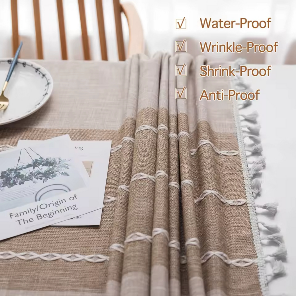 Artisan Nordic: Premium Striped Linen-Blend Tablecloth | Waterproof & Wrinkle-Proof Tassel Collection