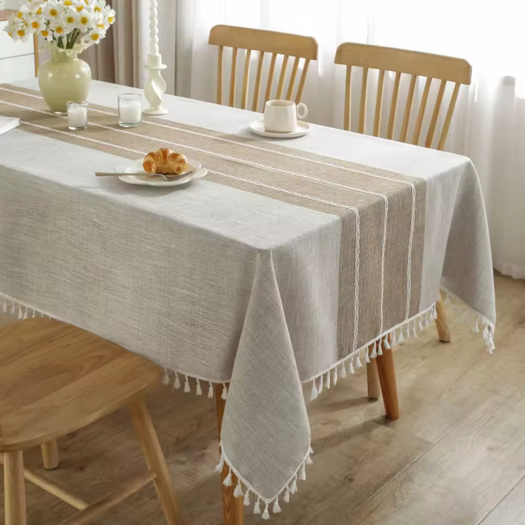 Artisan Nordic: Premium Striped Linen-Blend Tablecloth | Waterproof & Wrinkle-Proof Tassel Collection