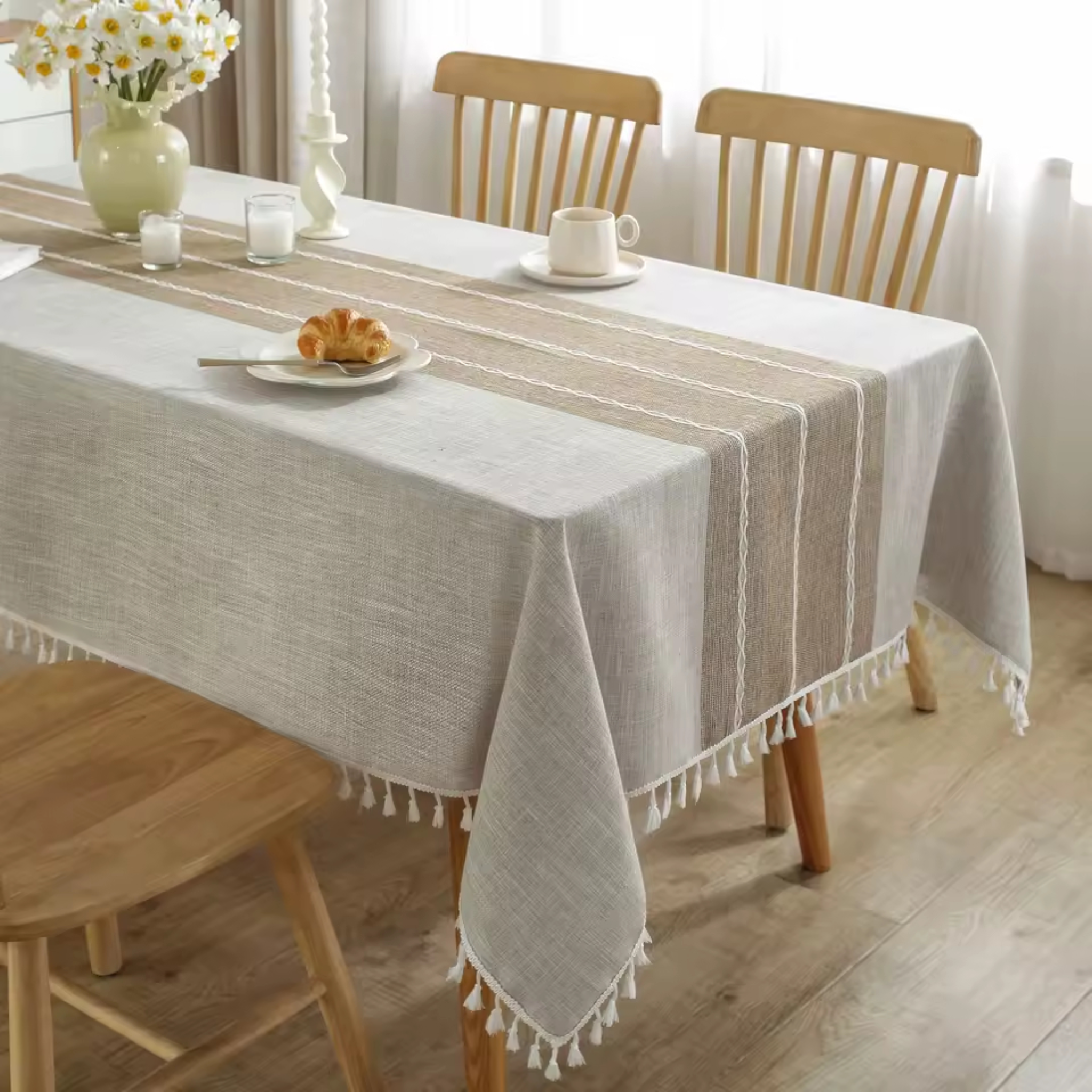 Artisan Nordic: Premium Striped Linen-Blend Tablecloth | Waterproof & Wrinkle-Proof Tassel Collection