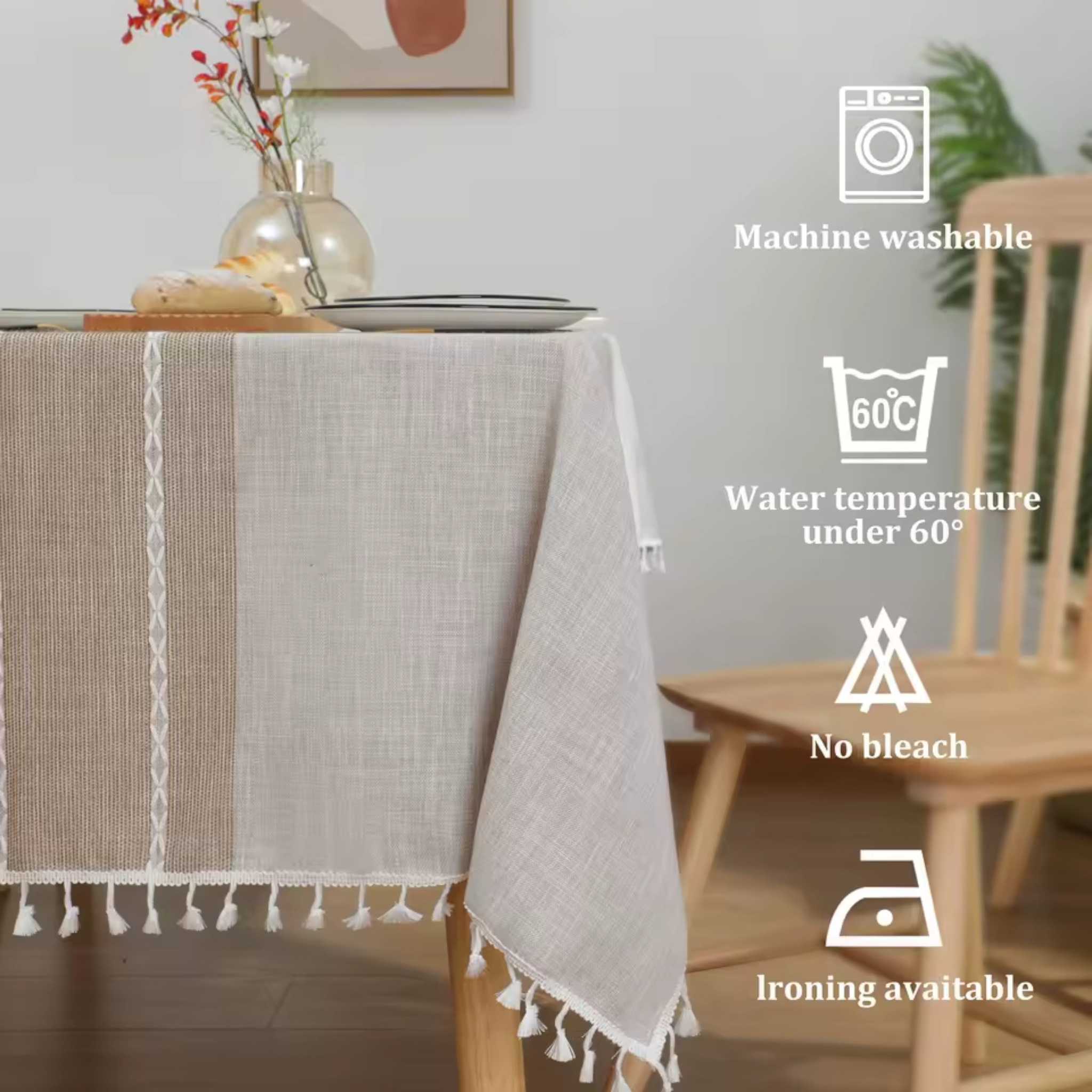 Artisan Nordic: Premium Striped Linen-Blend Tablecloth | Waterproof & Wrinkle-Proof Tassel Collection