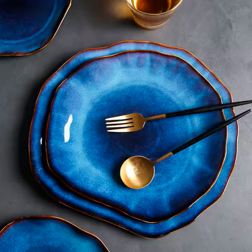 Artisan Azure: Organic Blue Handcrafted Ceramic Plate Set with Reactive Glaze