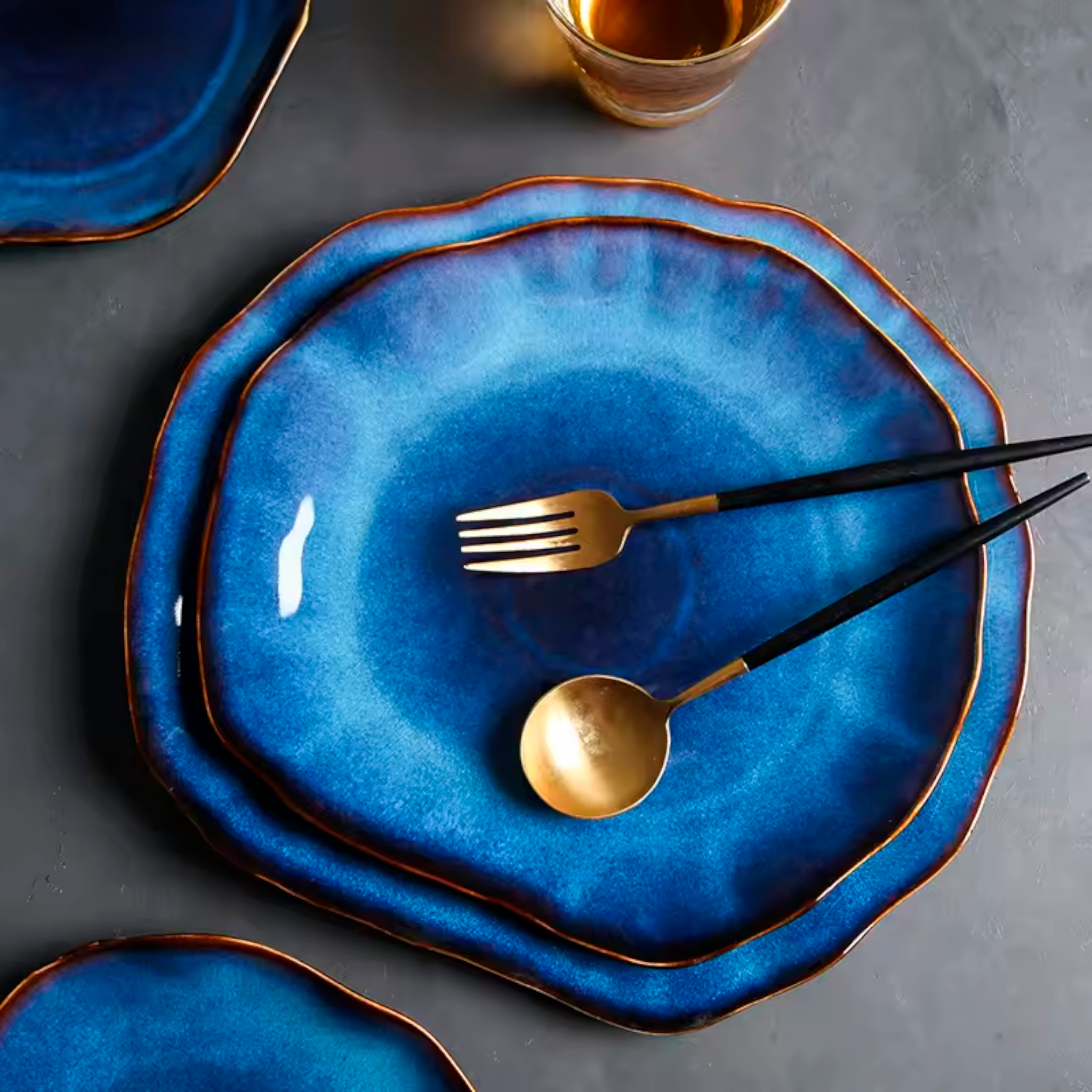 Artisan Azure: Organic Blue Handcrafted Ceramic Plate Set with Reactive Glaze