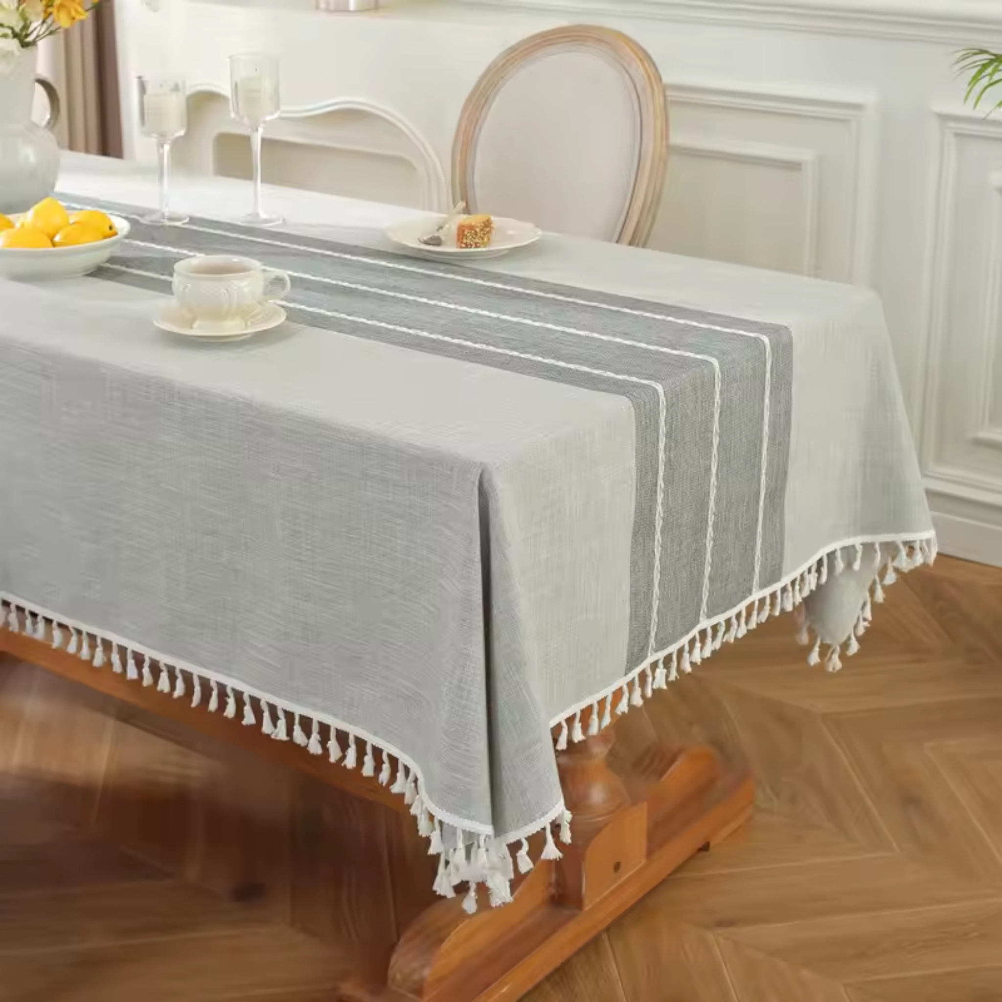 Artisan Nordic: Premium Striped Linen-Blend Tablecloth | Waterproof & Wrinkle-Proof Tassel Collection