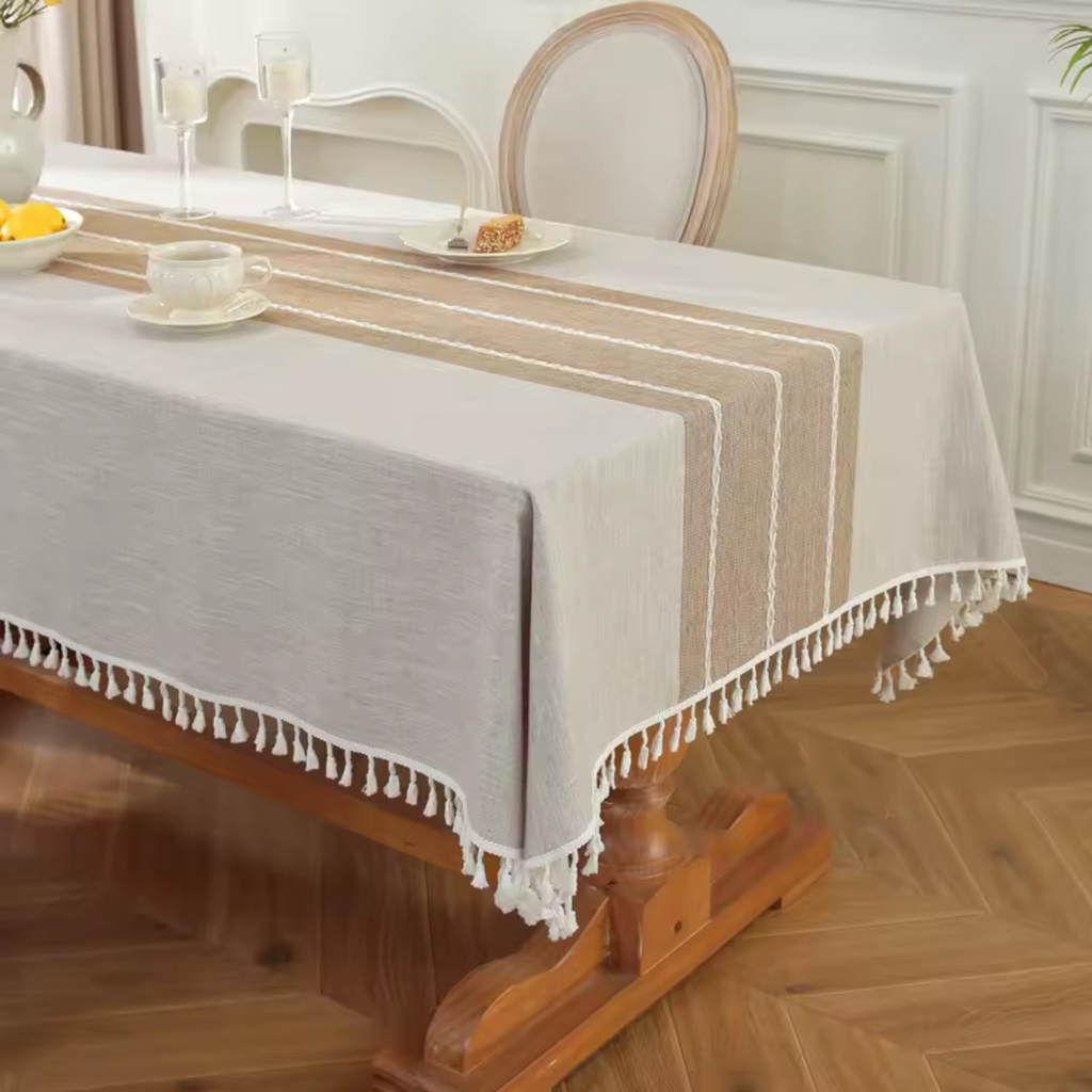 Artisan Nordic: Premium Striped Linen-Blend Tablecloth | Waterproof & Wrinkle-Proof Tassel Collection