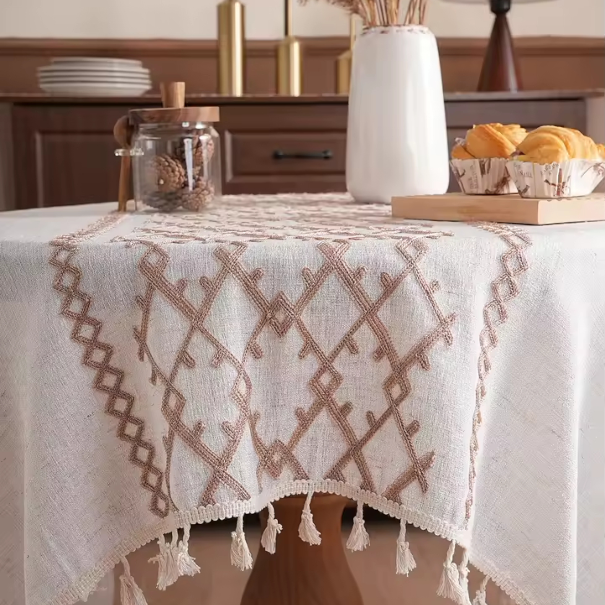 Artisan Ethno: Premium Geometric Embroidered Tablecloth | Elegant Tassel Edge & Linen-Style Weave