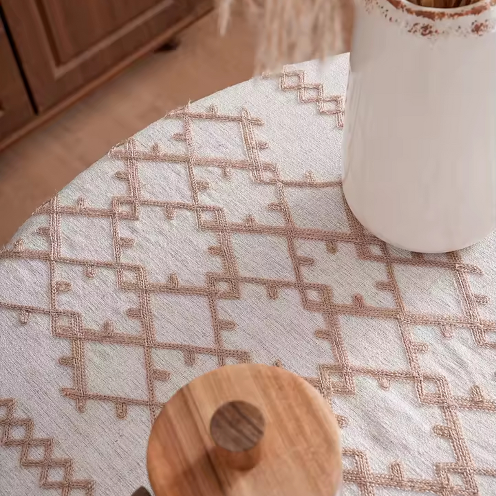 Artisan Ethno: Premium Geometric Embroidered Tablecloth | Elegant Tassel Edge & Linen-Style Weave