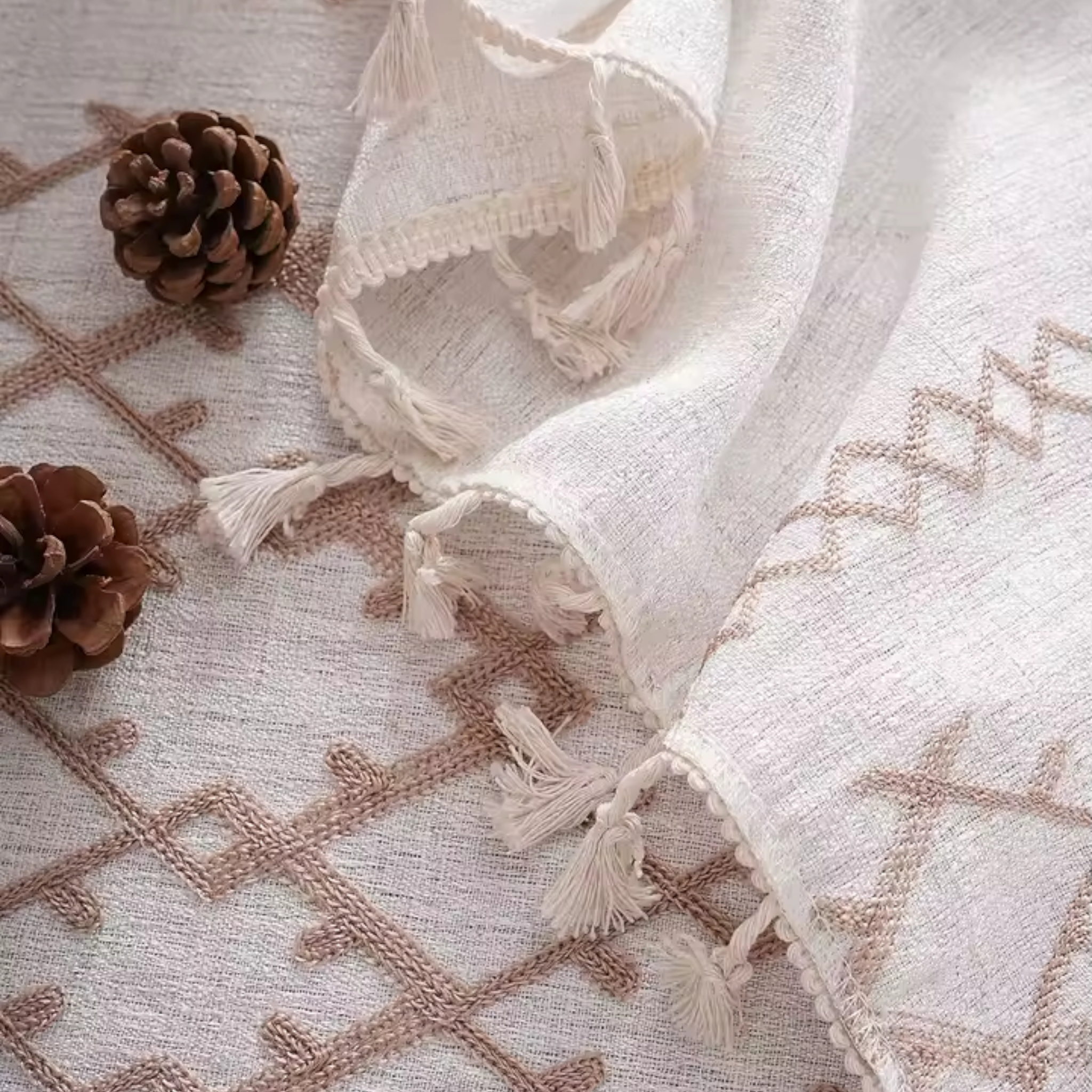 Artisan Ethno: Premium Geometric Embroidered Tablecloth | Elegant Tassel Edge & Linen-Style Weave