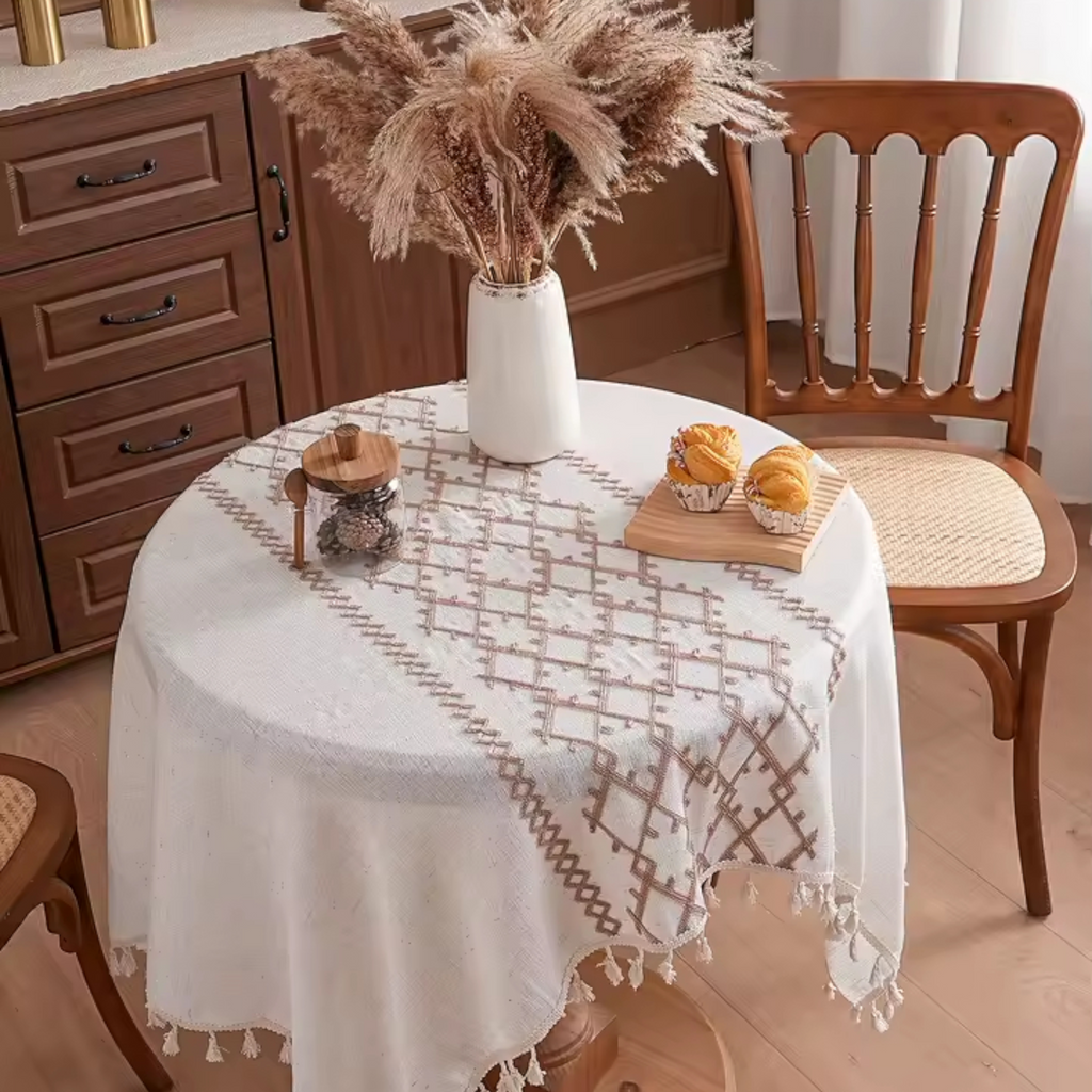 Artisan Ethno: Premium Geometric Embroidered Tablecloth | Elegant Tassel Edge & Linen-Style Weave