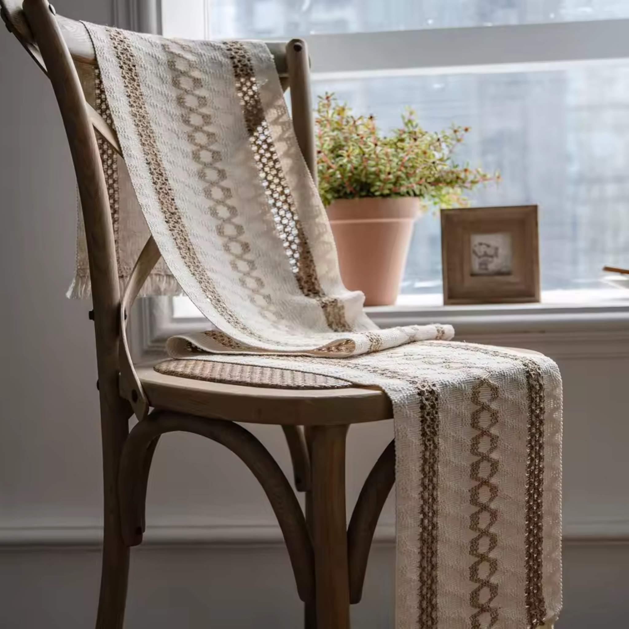 Artisan Macramé: Premium Woven Cotton Table Runner | Bohemian Hollow-Out Design with Hand-Knotted Tassels