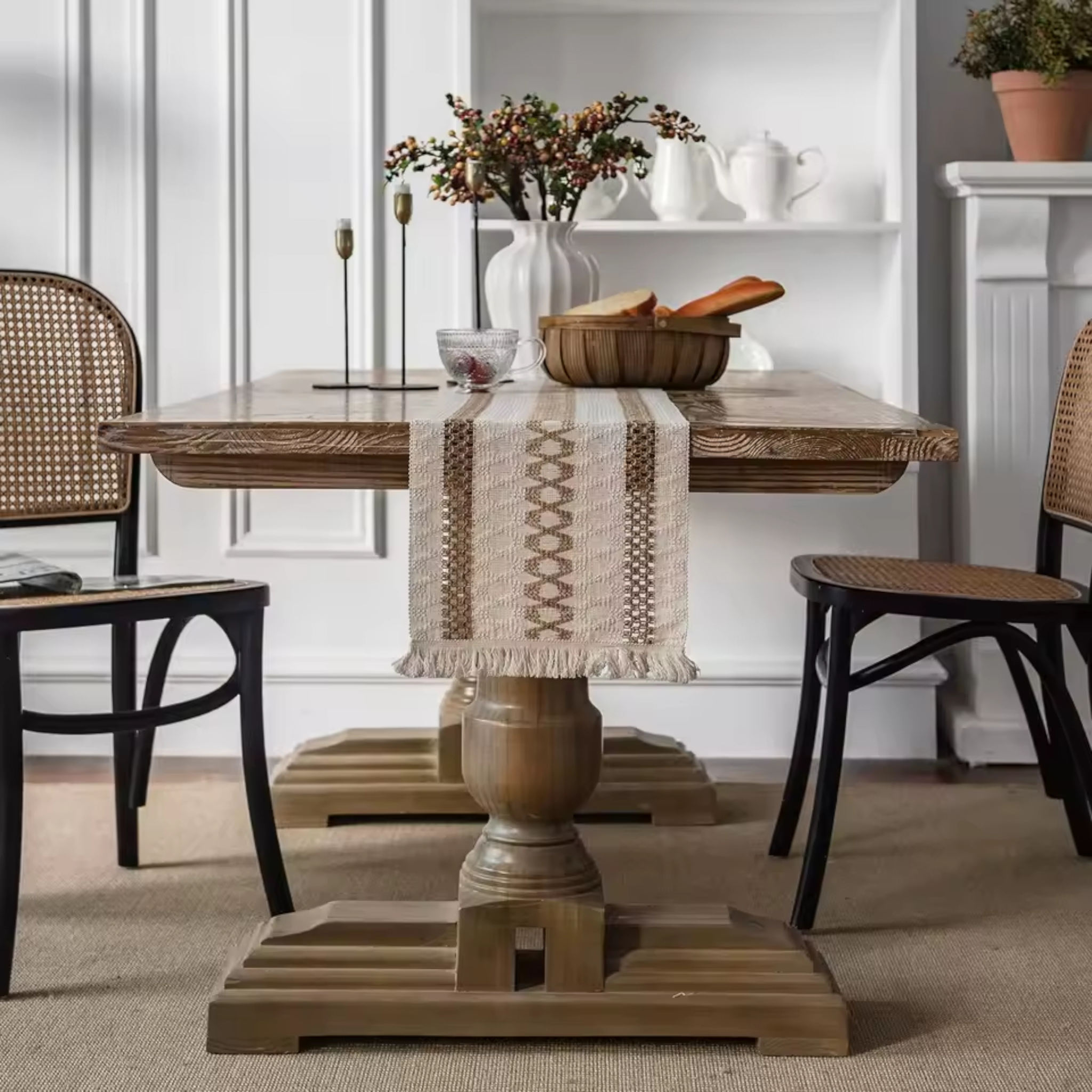 Artisan Macramé: Premium Woven Cotton Table Runner | Bohemian Hollow-Out Design with Hand-Knotted Tassels