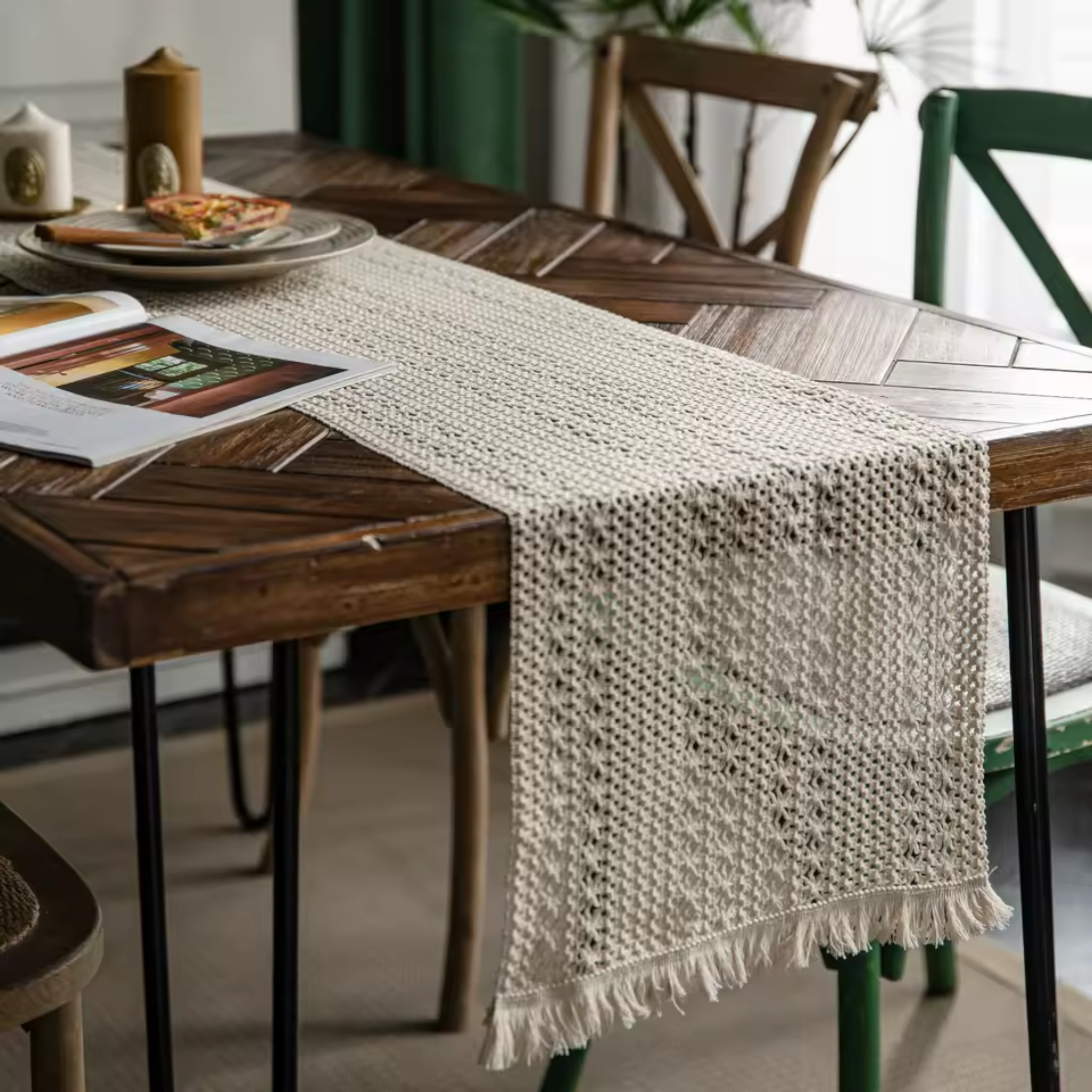 Artisan Macramé: Premium Woven Cotton Table Runner | Bohemian Hollow-Out Design with Hand-Knotted Tassels