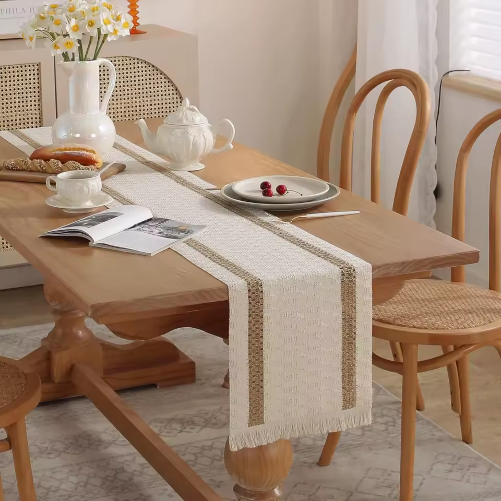 Artisan Macramé: Premium Woven Cotton Table Runner | Bohemian Hollow-Out Design with Hand-Knotted Tassels