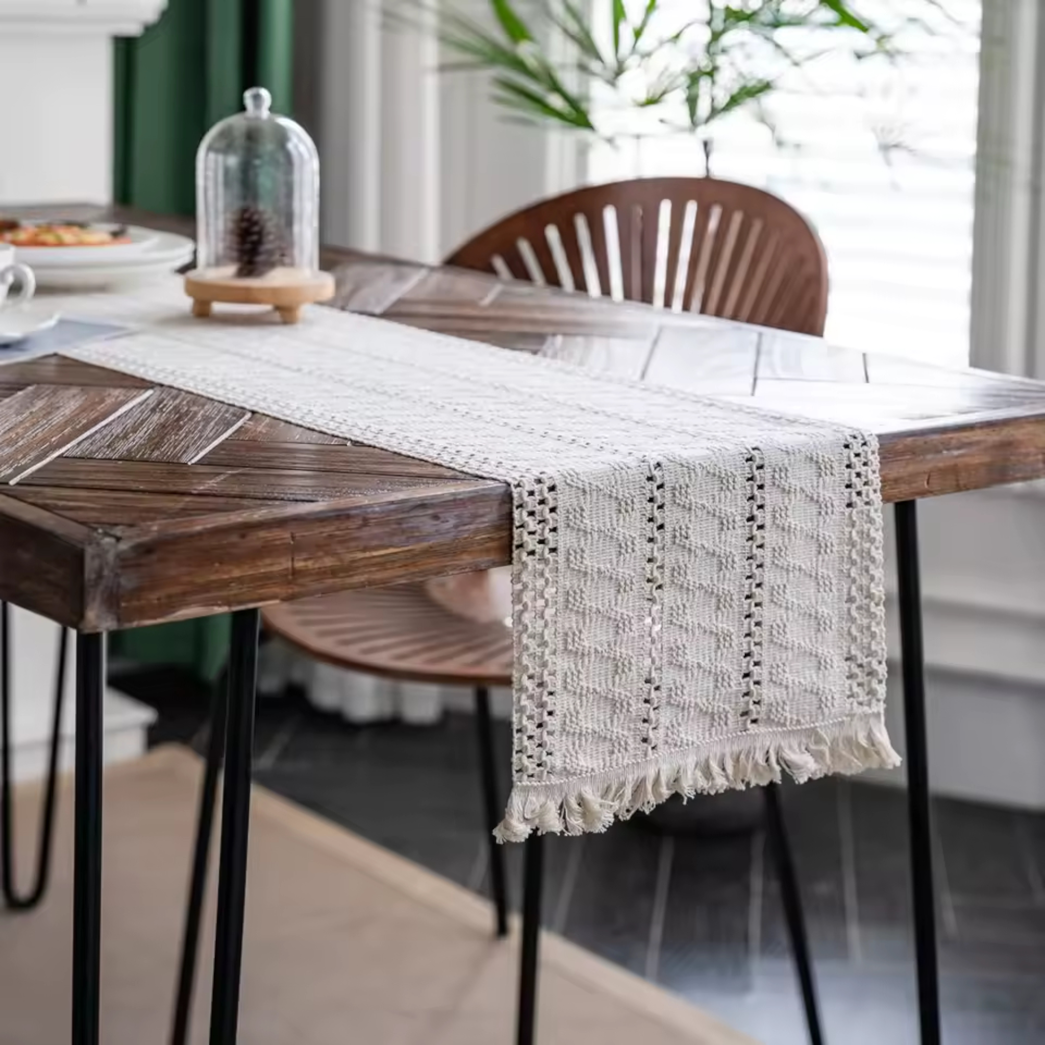 Artisan Macramé: Premium Woven Cotton Table Runner | Bohemian Hollow-Out Design with Hand-Knotted Tassels