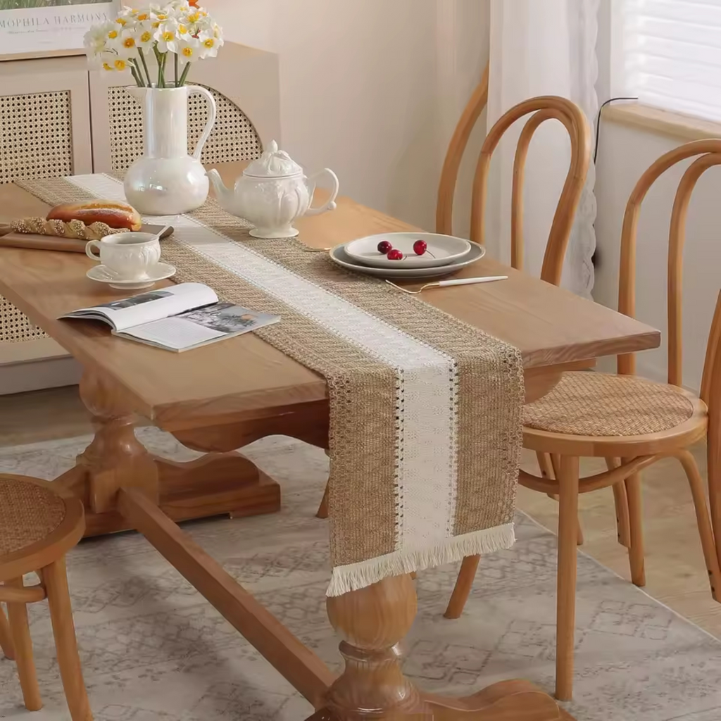 Artisan Macramé: Premium Woven Cotton Table Runner | Bohemian Hollow-Out Design with Hand-Knotted Tassels