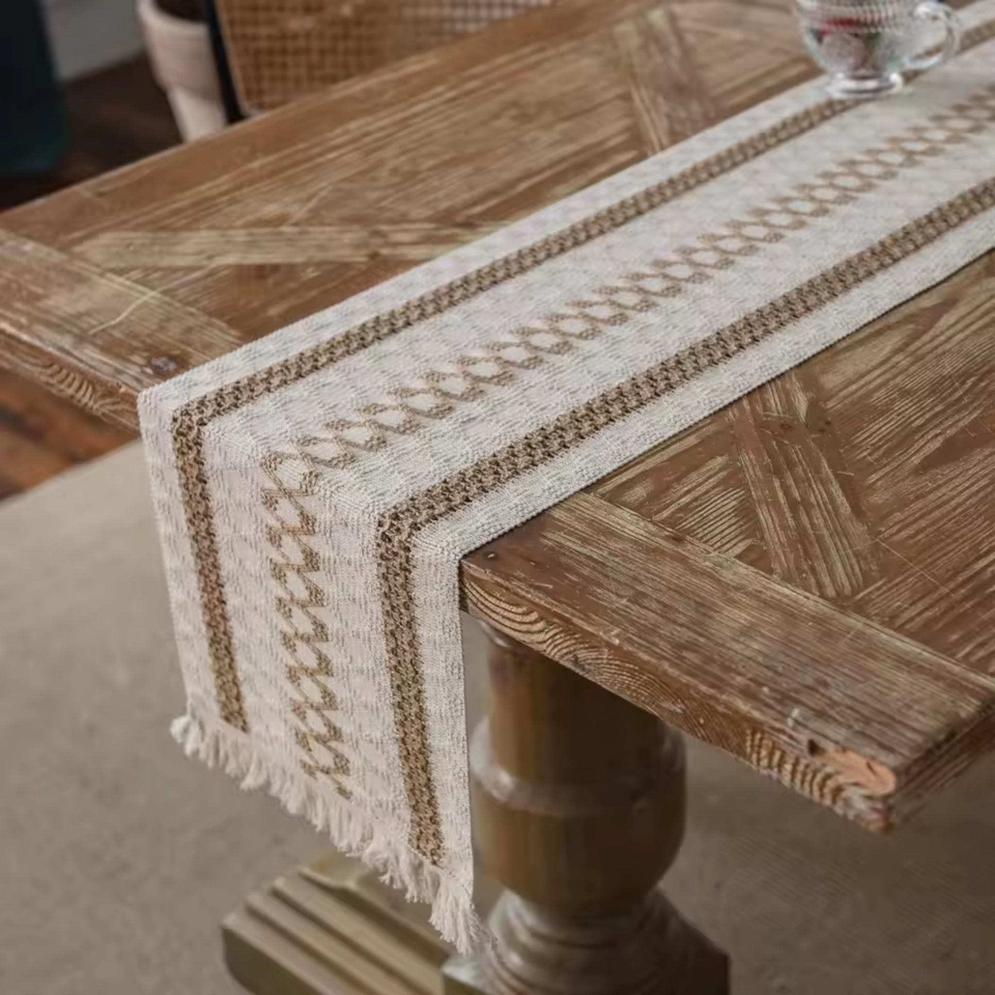 Artisan Macramé: Premium Woven Cotton Table Runner | Bohemian Hollow-Out Design with Hand-Knotted Tassels