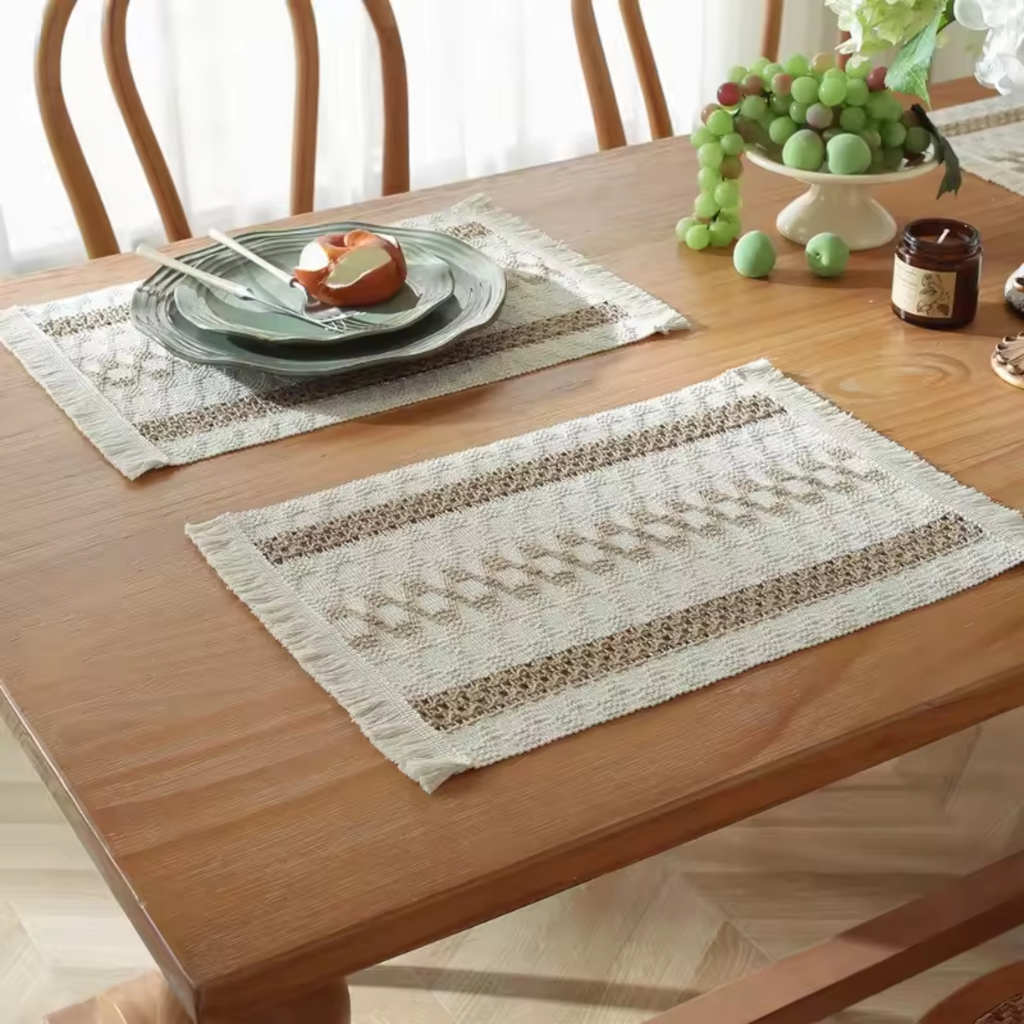 Artisan Macramé: Premium Woven Cotton Placemats & Napkins | Bohemian Dining Collection with Hand-Knotted Fringe