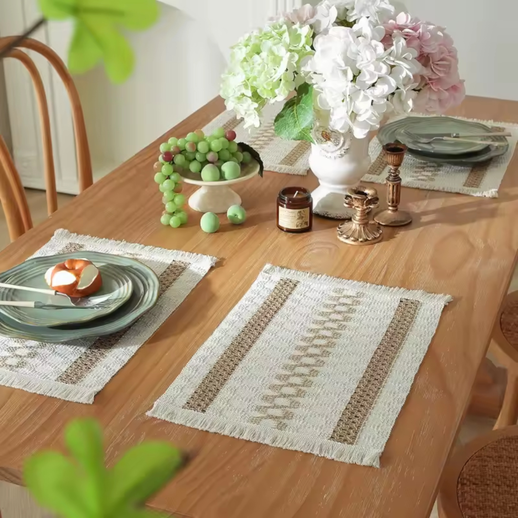 Artisan Macramé: Premium Woven Cotton Placemats & Napkins | Bohemian Dining Collection with Hand-Knotted Fringe
