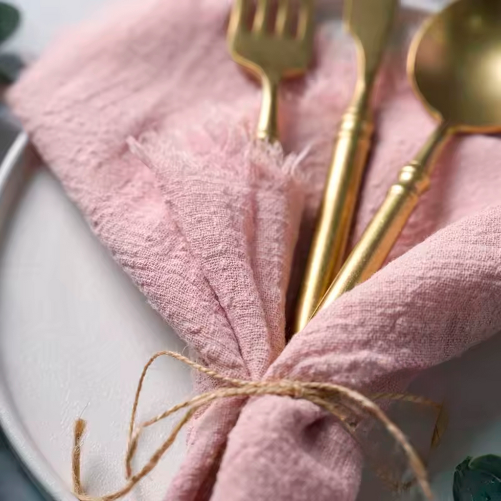 Artisan Bloom: Set of 4 Premium Muslin Cotton Napkins | 35x35cm Hand-Frayed Shabby Chic Dining Collection