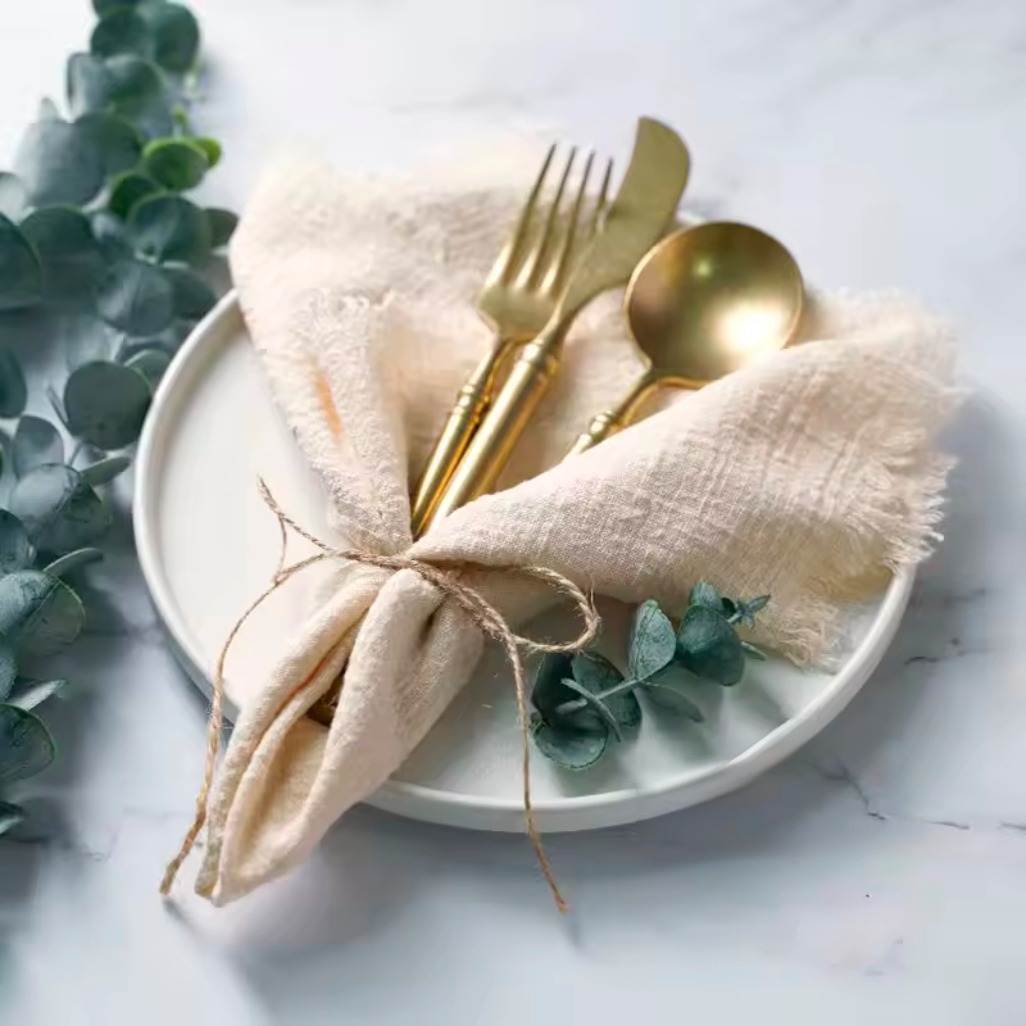 Artisan Bloom: Set of 4 Premium Muslin Cotton Napkins | 35x35cm Hand-Frayed Shabby Chic Dining Collection